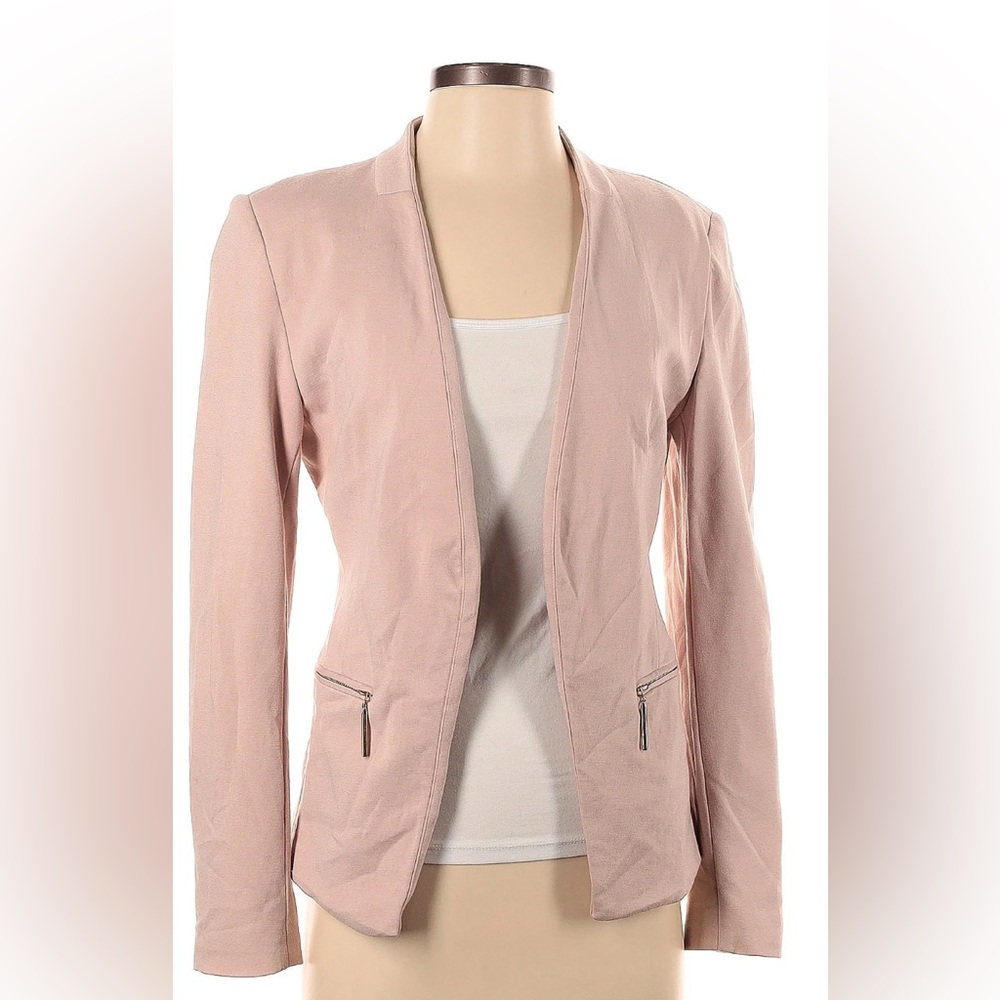 Light pink blazer stretch knit with gold accents and pockets